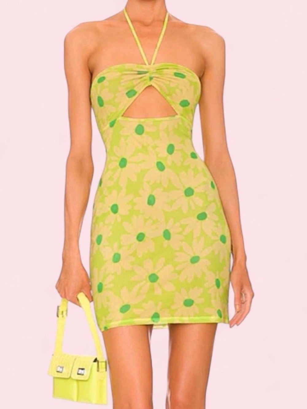 AFRM Lime Green Floral Halter Cutout Mini Dress